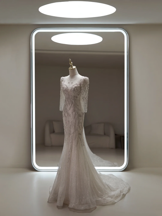 Princess Mermaid Scoop Neck Long Sleeve Sequin Lace Fitted Long Wedding Dress Bridal Gown White Wedding Dresses RB1898