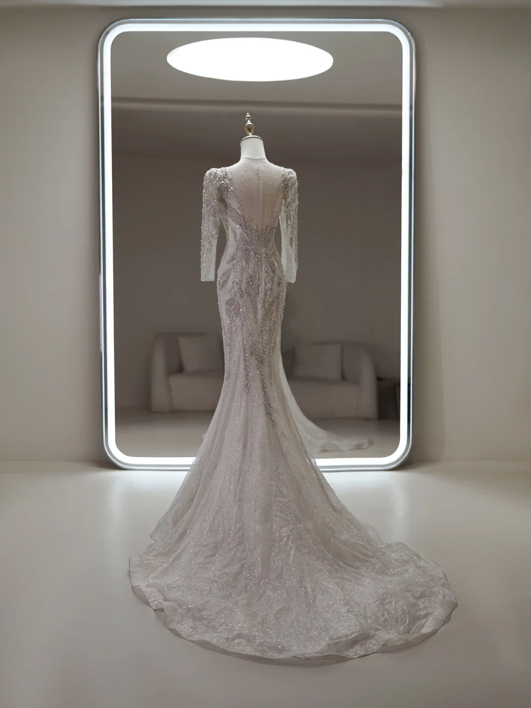 Princess Mermaid Scoop Neck Long Sleeve Sequin Lace Fitted Long Wedding Dress Bridal Gown White Wedding Dresses RB1898