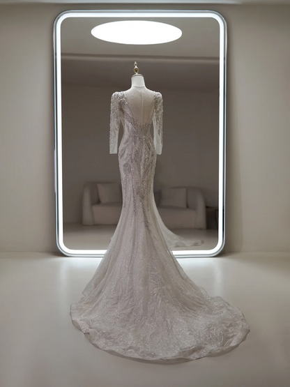 Princess Mermaid Scoop Neck Long Sleeve Sequin Lace Fitted Long Wedding Dress Bridal Gown White Wedding Dresses RB1898