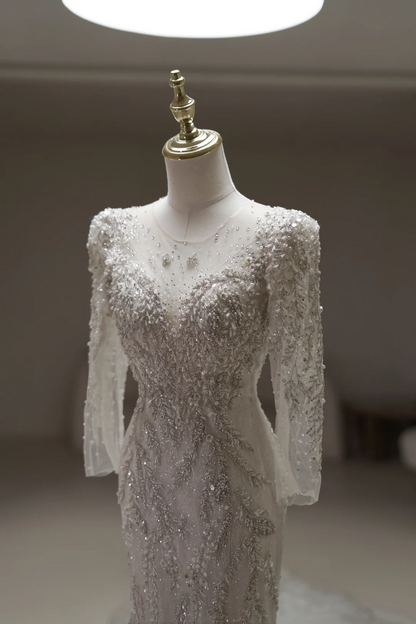 Princess Mermaid Scoop Neck Long Sleeve Sequin Lace Fitted Long Wedding Dress Bridal Gown White Wedding Dresses RB1898