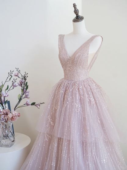 Shinning Ball Gown Deep V Neck Pink Sequin Long Prom Dresses Impress 19th Birthday Outfits Prom Gown RB1900