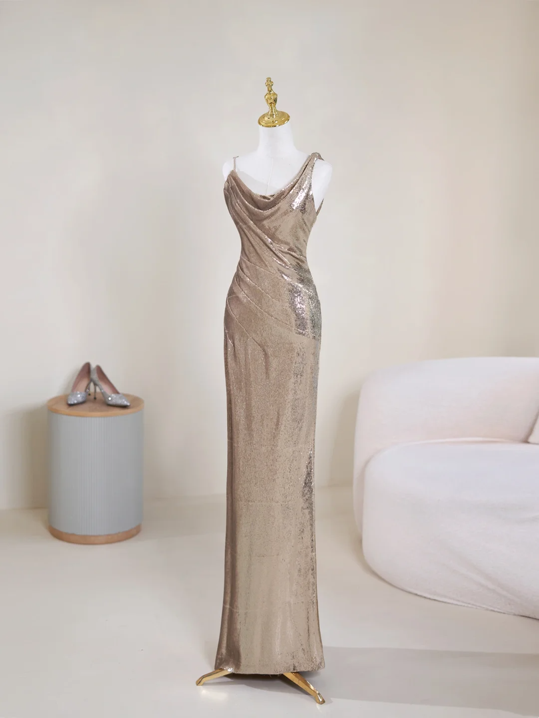 Sparkle Mermaid Asymmetrical Straps Champagne Sequin Long Prom Dresses Impress 19th Birthday Outfits Prom Gown RB1901