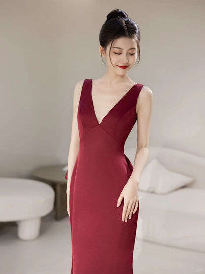 Simple Mermaid V Neck Burgundy Satin Long Prom Dresses Impress 19th Birthday Outfits Prom Gown RB1905