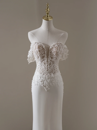 Princess Mermaid Off The Shoulder Short Sleeves Lace Fitted Long Wedding Dress Bridal Gown White Wedding Dresses RB1906