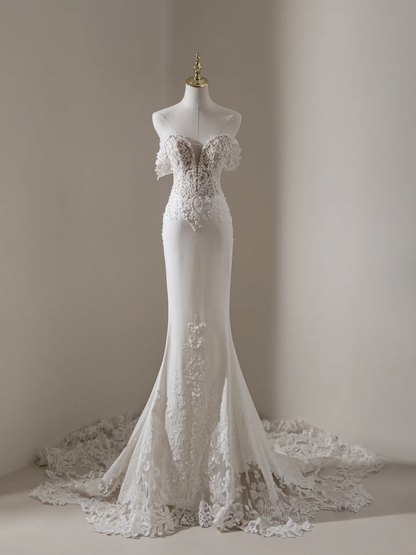 Princess Mermaid Off The Shoulder Short Sleeves Lace Fitted Long Wedding Dress Bridal Gown White Wedding Dresses RB1906