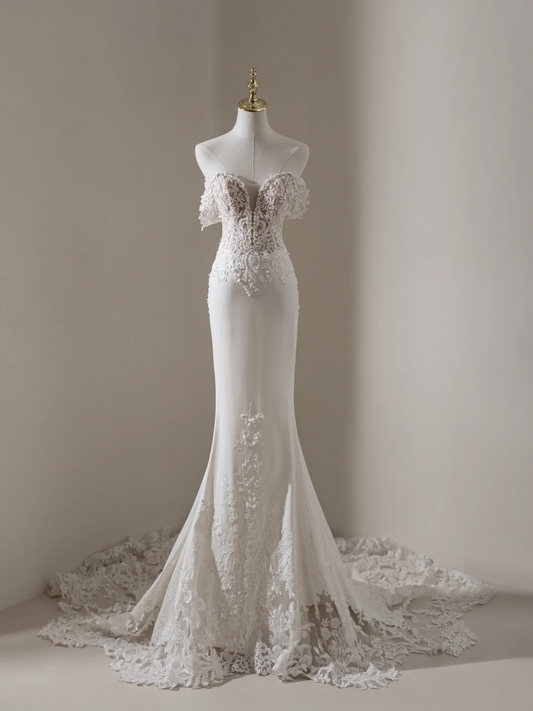 Princess Mermaid Off The Shoulder Short Sleeves Lace Fitted Long Wedding Dress Bridal Gown White Wedding Dresses RB1906