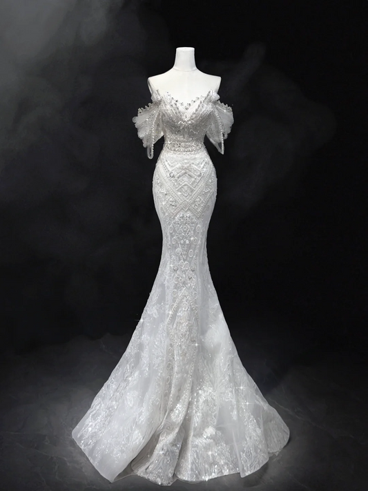 Princess Mermaid Off The Shoulder Short Sleeves Lace Sequin Fitted Long Wedding Dress Bridal Gown White Wedding Dresses RB1907