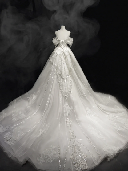 Princess Mermaid Off The Shoulder Short Sleeves Lace Sequin Fitted Long Wedding Dress Bridal Gown White Wedding Dresses RB1907