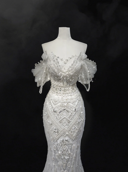 Princess Mermaid Off The Shoulder Short Sleeves Lace Sequin Fitted Long Wedding Dress Bridal Gown White Wedding Dresses RB1907