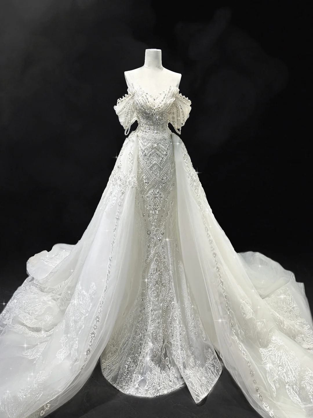 Princess Mermaid Off The Shoulder Short Sleeves Lace Sequin Fitted Long Wedding Dress Bridal Gown White Wedding Dresses RB1907
