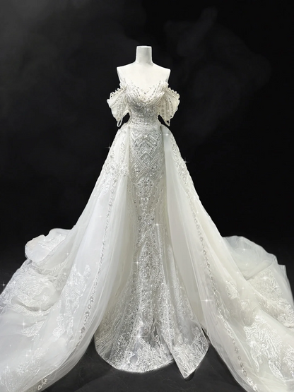 Princess Mermaid Off The Shoulder Short Sleeves Lace Sequin Fitted Long Wedding Dress Bridal Gown White Wedding Dresses RB1907