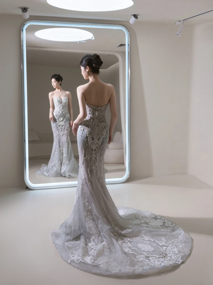 Princess Mermaid Sweetheart Silver Sequin Fitted Long Wedding Dress Bridal Gown Wedding Dresses RB1909