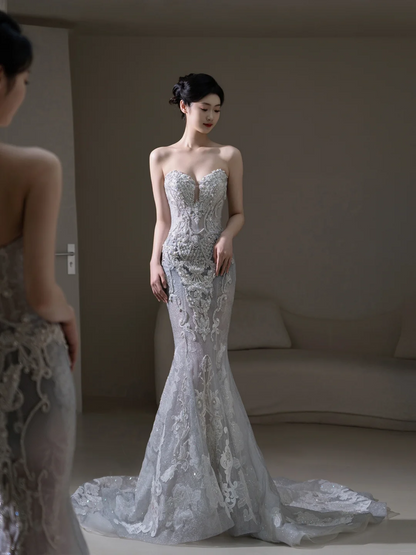 Princess Mermaid Sweetheart Silver Sequin Fitted Long Wedding Dress Bridal Gown Wedding Dresses RB1909