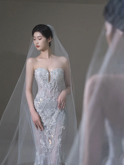 Princess Mermaid Sweetheart Silver Sequin Fitted Long Wedding Dress Bridal Gown Wedding Dresses RB1909