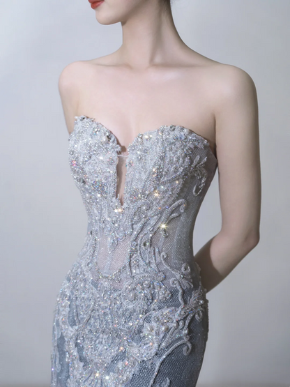 Princess Mermaid Sweetheart Silver Sequin Fitted Long Wedding Dress Bridal Gown Wedding Dresses RB1909