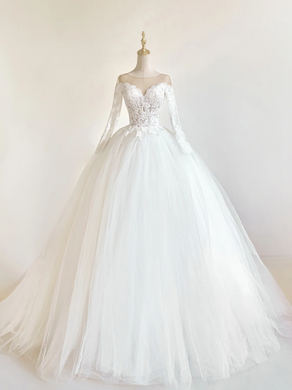 Princess Ball Gown Sweetheart Long Sleeve Lace Tulle Fitted Corset Long Wedding Dress Bridal Gown White Wedding Dresses RB1910