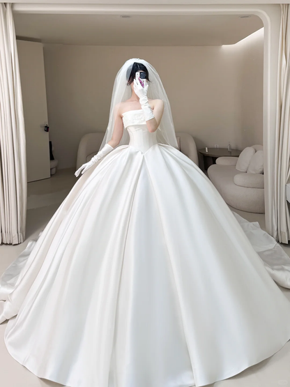 Princess Ball Gown Strapless Satin Fitted Corset Long Wedding Dress Bridal Gown White Wedding Dresses RB1911