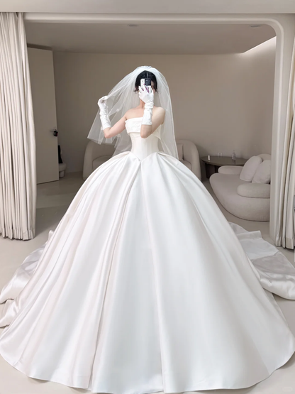 Princess Ball Gown Strapless Satin Fitted Corset Long Wedding Dress Bridal Gown White Wedding Dresses RB1911