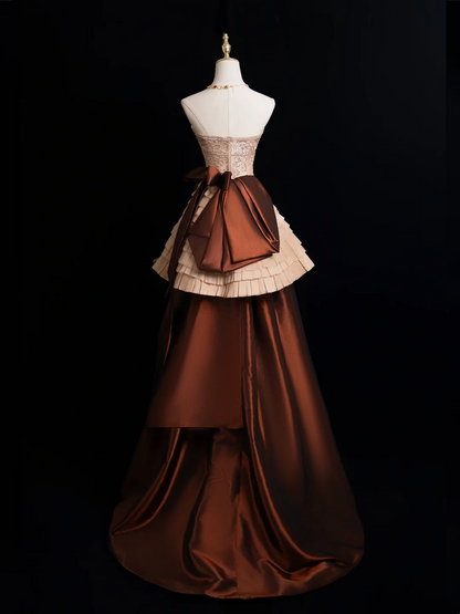 Vintage Ball Gown Strapless Brown Satin Long Prom Dresses Impress Sweet 16 Birthday Outfits Prom Gown RB1915