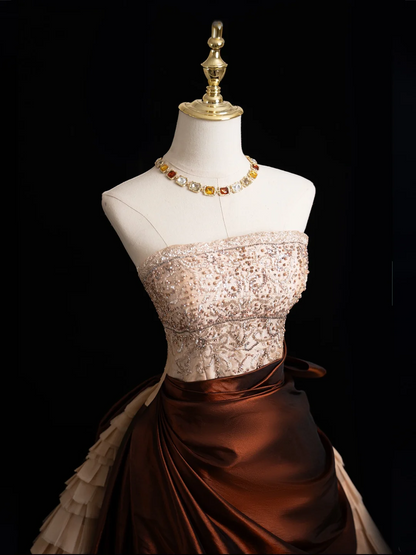 Vintage Ball Gown Strapless Brown Satin Long Prom Dresses Impress Sweet 16 Birthday Outfits Prom Gown RB1915