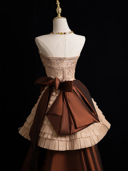 Vintage Ball Gown Strapless Brown Satin Long Prom Dresses Impress Sweet 16 Birthday Outfits Prom Gown RB1915