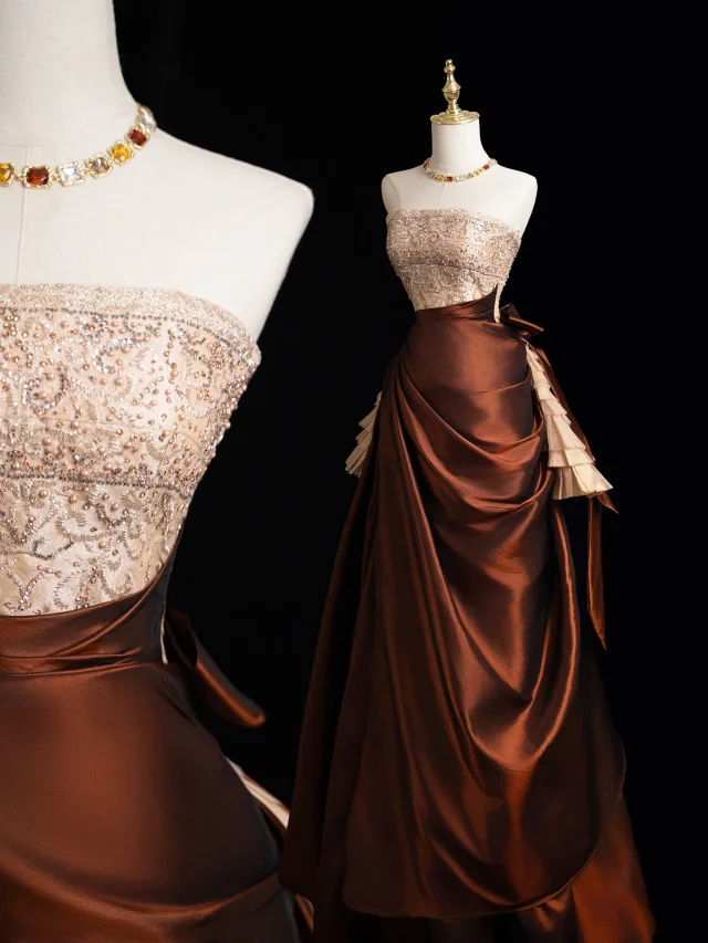 Vintage Ball Gown Strapless Brown Satin Long Prom Dresses Impress Swee – RubyFashionDress