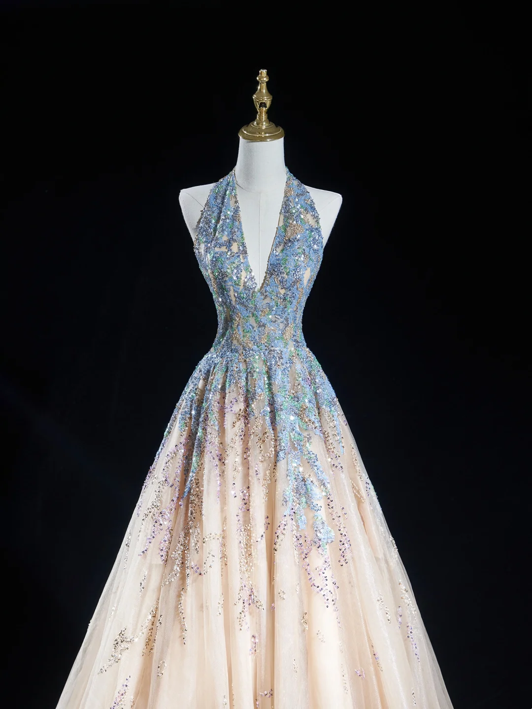 Timeless Ball Gown Halter Neck Champagne Blue Sequin Long Prom Dresses For Teens Formal Dress Birthday Outfits Prom Gown RB1848