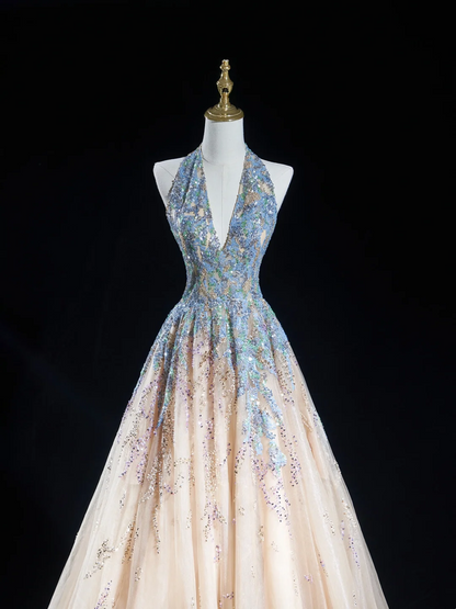Timeless Ball Gown Halter Neck Champagne Blue Sequin Long Prom Dresses For Teens Formal Dress Birthday Outfits Prom Gown RB1848