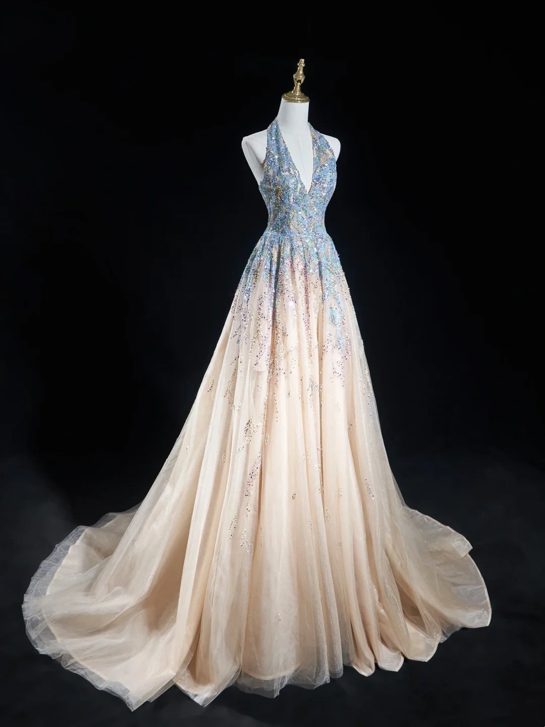 Timeless Ball Gown Halter Neck Champagne Blue Sequin Long Prom Dresses For Teens Formal Dress Birthday Outfits Prom Gown RB1848