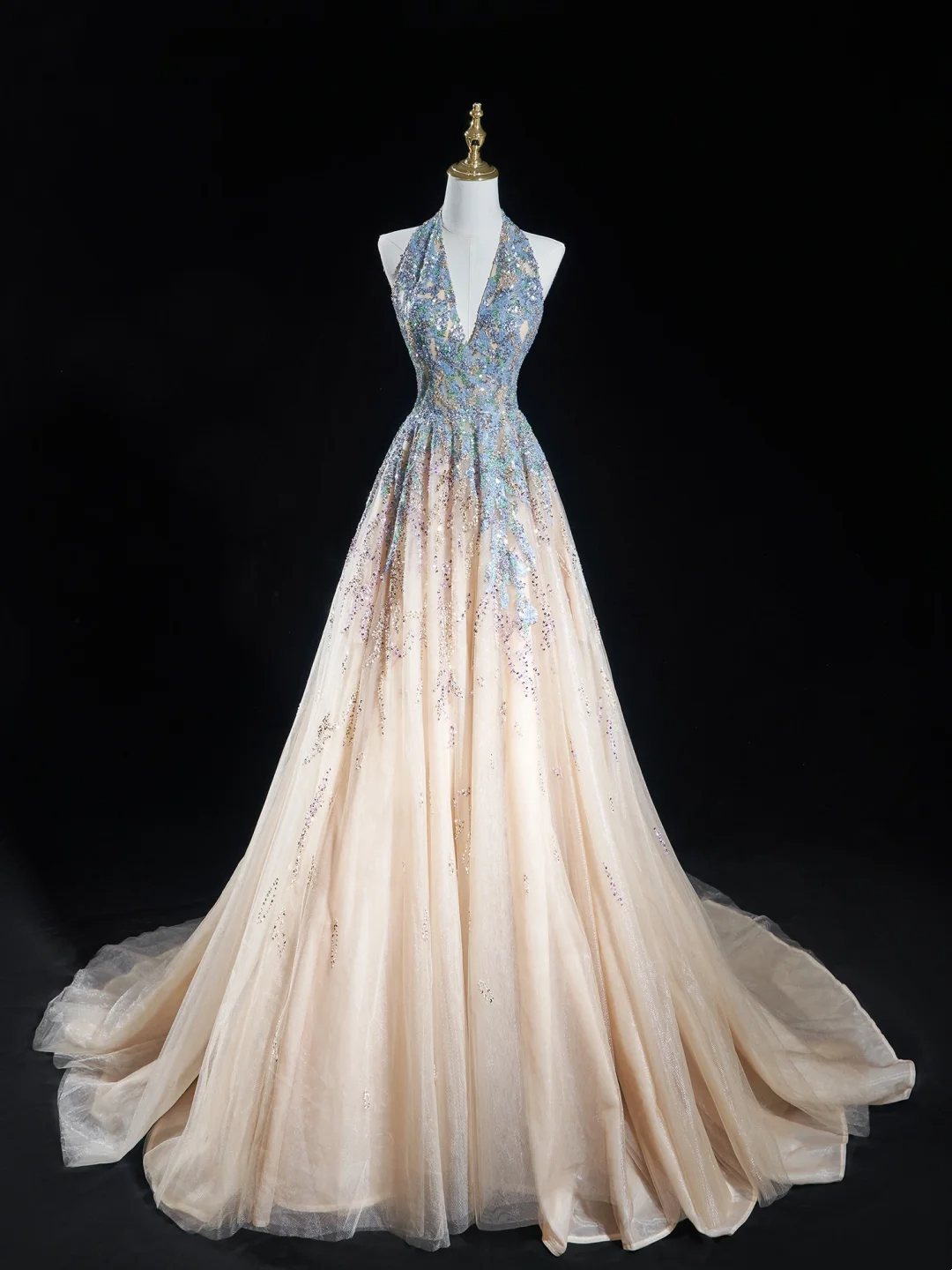 Timeless Ball Gown Halter Neck Champagne Blue Sequin Long Prom Dresses For Teens Formal Dress Birthday Outfits Prom Gown RB1848