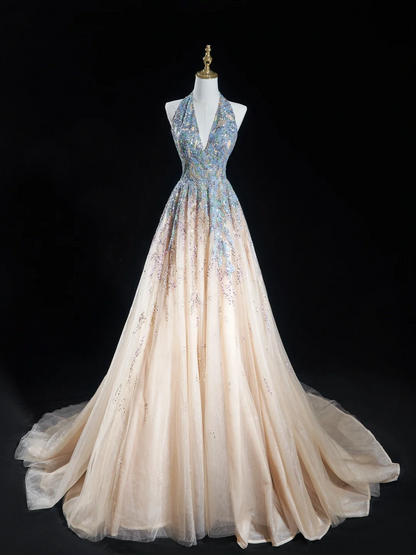 Timeless Ball Gown Halter Neck Champagne Blue Sequin Long Prom Dresses For Teens Formal Dress Birthday Outfits Prom Gown RB1848