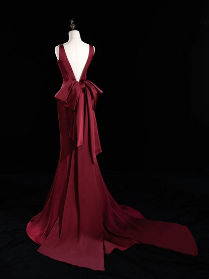 Chic Mermaid V Neck Burgundy Satin Long Prom Dresses Impress 18th Birthday Outfits Prom Gown RB1917