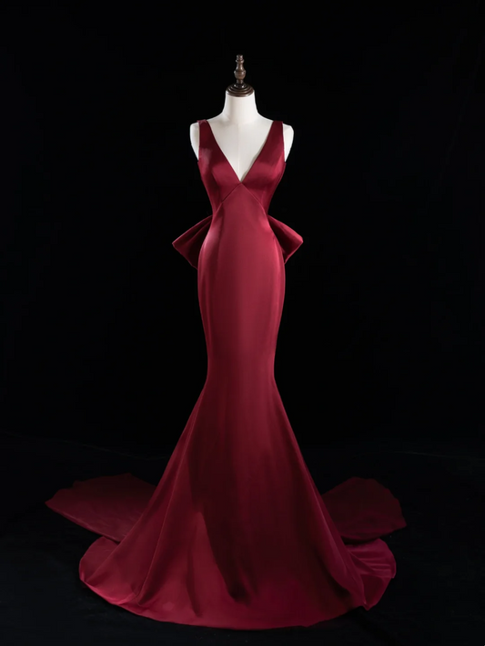 Chic Mermaid V Neck Burgundy Satin Long Prom Dresses Impress 18th Birthday Outfits Prom Gown RB1917
