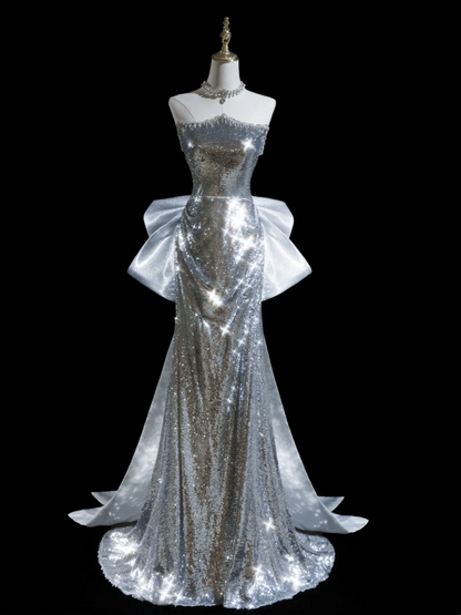 Glitter Mermaid Strapless Sequin Silver Long Prom Dresses For Teens Formal Dress Birthday Outfits Prom Gown RB1919