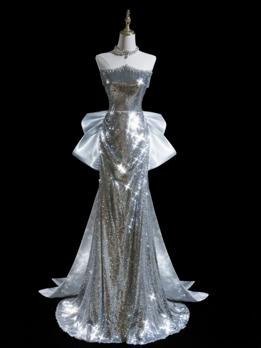 Glitter Mermaid Strapless Sequin Silver Long Prom Dresses For Teens Formal Dress Birthday Outfits Prom Gown RB1919