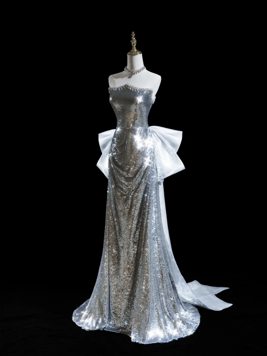Glitter Mermaid Strapless Sequin Silver Long Prom Dresses For Teens Formal Dress Birthday Outfits Prom Gown RB1919