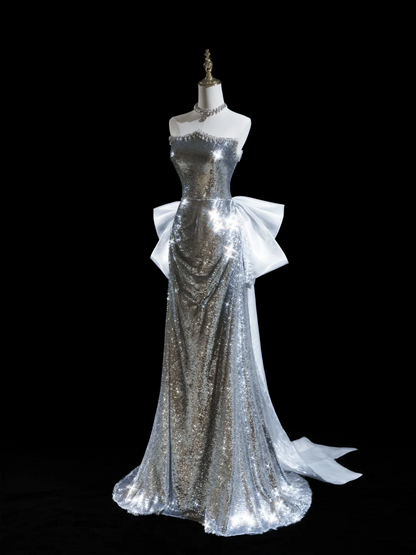 Glitter Mermaid Strapless Sequin Silver Long Prom Dresses For Teens Formal Dress Birthday Outfits Prom Gown RB1919