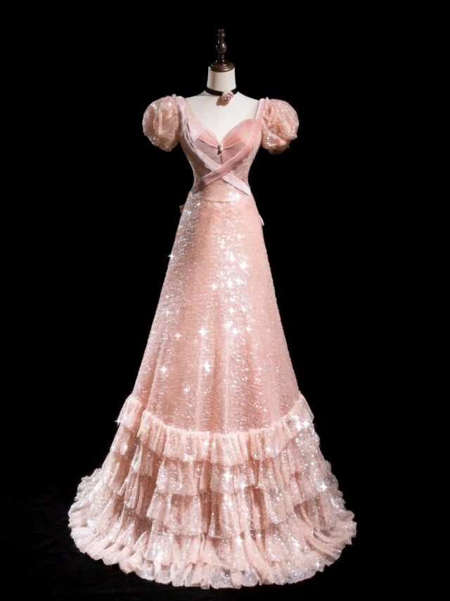 Retro A Line Sweetheart Blush Pink Velvet Sequin Long Prom Dresses Impress 18th Birthday Outfits Prom Gown RB1870