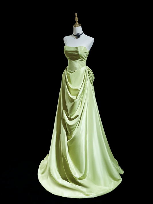 Simple Sheath Strapless Mint Green Satin Pleated Long Prom Dresses Formal Dress 18th Birthday Outfits Prom Gown RB1925