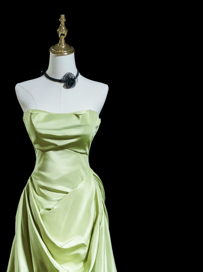 Simple Sheath Strapless Mint Green Satin Pleated Long Prom Dresses Formal Dress 18th Birthday Outfits Prom Gown RB1925