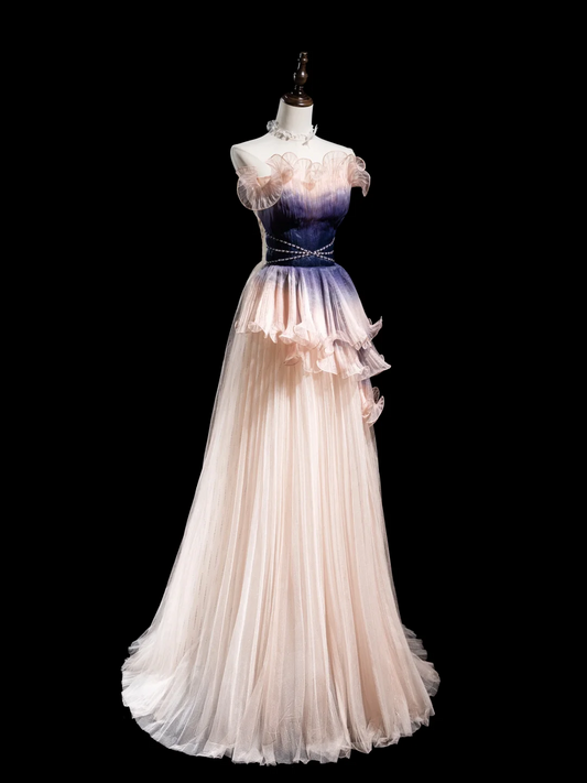 Modest A line Strapless Blush Pink Tulle Pleated Long Prom Dresses Formal Dress 18th Birthday Outfits Prom Gown RB1927