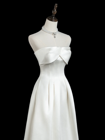 Timeless A line Strapless Sleeveless Satin Fitted Long White Wedding Dress Bride Gown Wedding Dresses RB1932