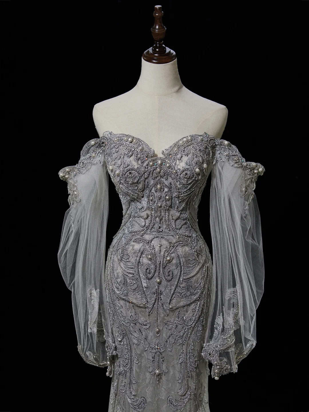 Timeless Mermaid Sweetheart Long Sleeve Sequin Silver Fitted Long White Wedding Dress Bride Gown Wedding Dresses RB1937