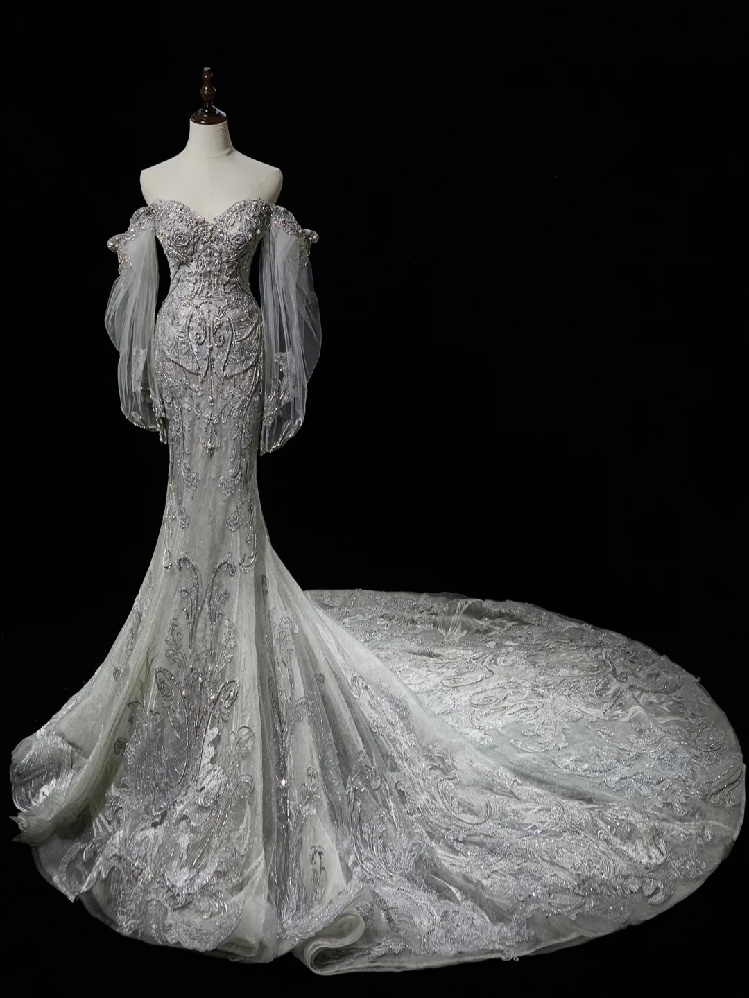 Timeless Mermaid Sweetheart Long Sleeve Sequin Silver Fitted Long White Wedding Dress Bride Gown Wedding Dresses RB1937