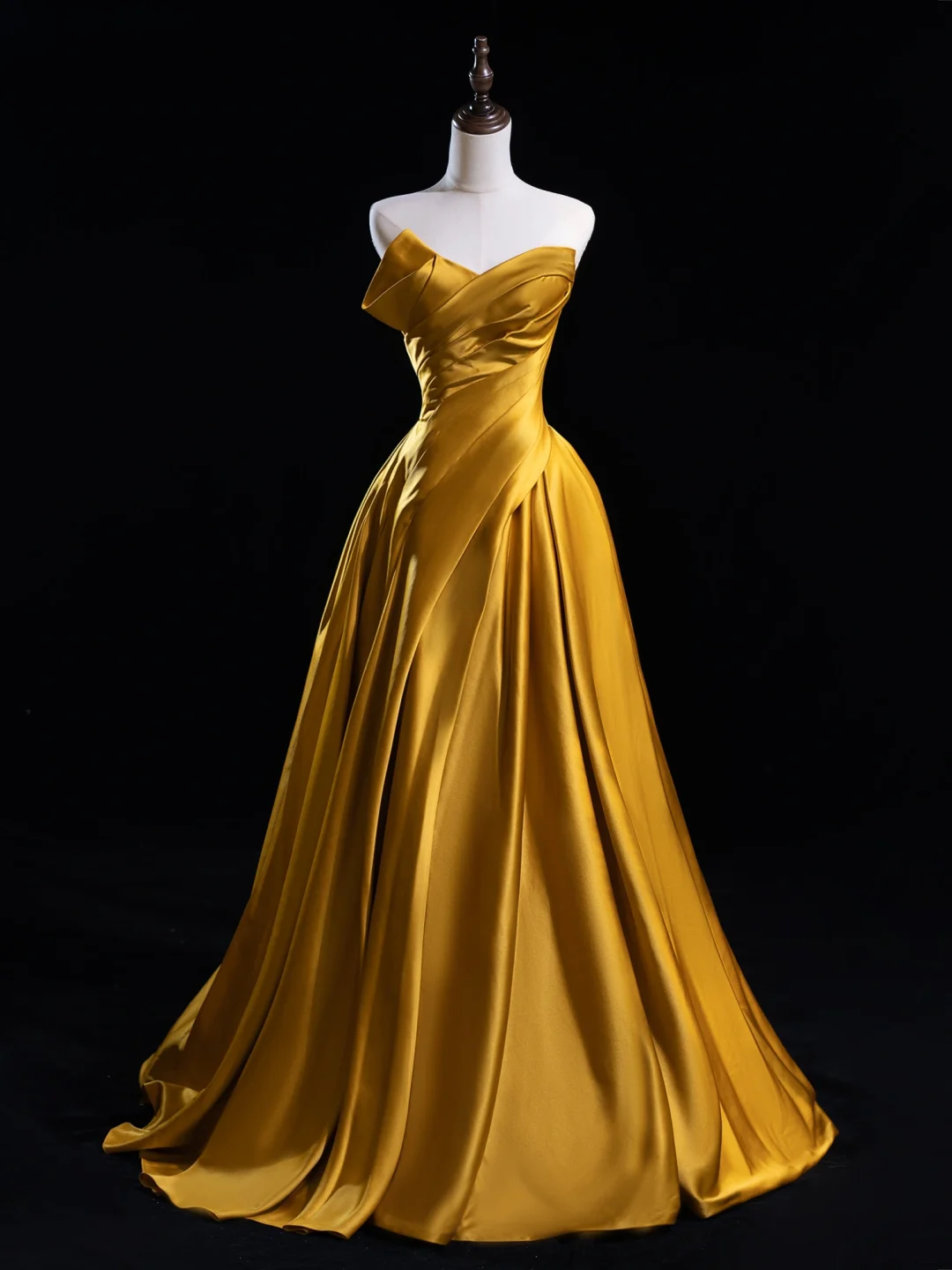 Chic Ball Gown Sweetheart Gold Satin Ruffles Senior Aesthetic Prom Dresses Prom Gowns Formal Outfits Graduation Dress RB1939