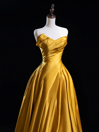 Chic Ball Gown Sweetheart Gold Satin Ruffles Senior Aesthetic Prom Dresses Prom Gowns Formal Outfits Graduation Dress RB1939