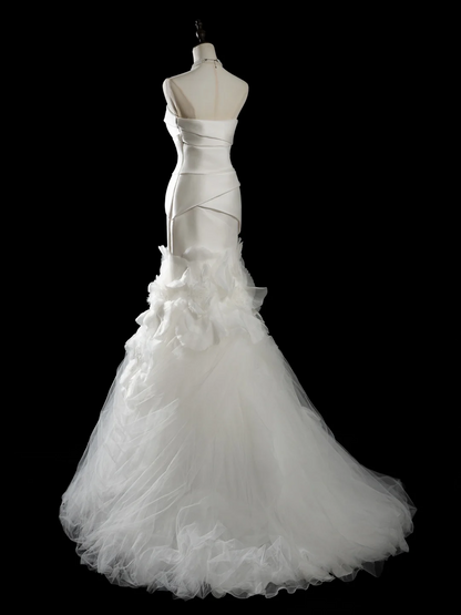 Vintage Mermaid Strapless Sleeveless White Fitted Pleated Long Wedding Dress Bride Gown Wedding Dresses RB1940