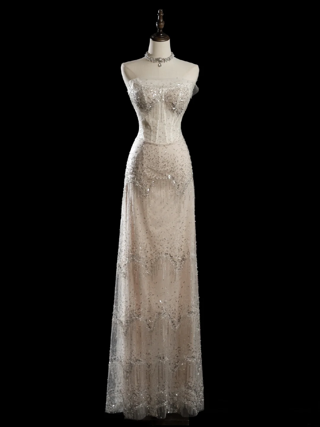 Vintage Sheath Strapless Sleeveless White Fitted Beaded Long Wedding Dress Bride Gown Wedding Dresses RB1944