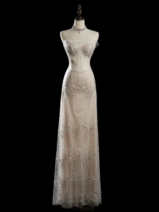 Vintage Sheath Strapless Sleeveless White Fitted Beaded Long Wedding Dress Bride Gown Wedding Dresses RB1944
