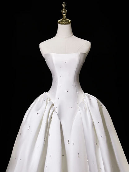 Princess Ball Gown Strapless Sleeveless Satin Fitted Corset Long Wedding Dress Bride Gowns White Wedding Dresses RB1945